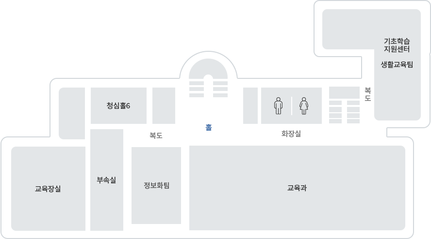 청사안내:2층 / 홀을 기준으로 시계반대방향으로 청심홀6, 복도, 교육장실, 부속실, 정보화팀, 교육과, 기초학습지원센터, 생활교육팀, 복도, 계단, 남녀 화장실이 위치해 있습니다.